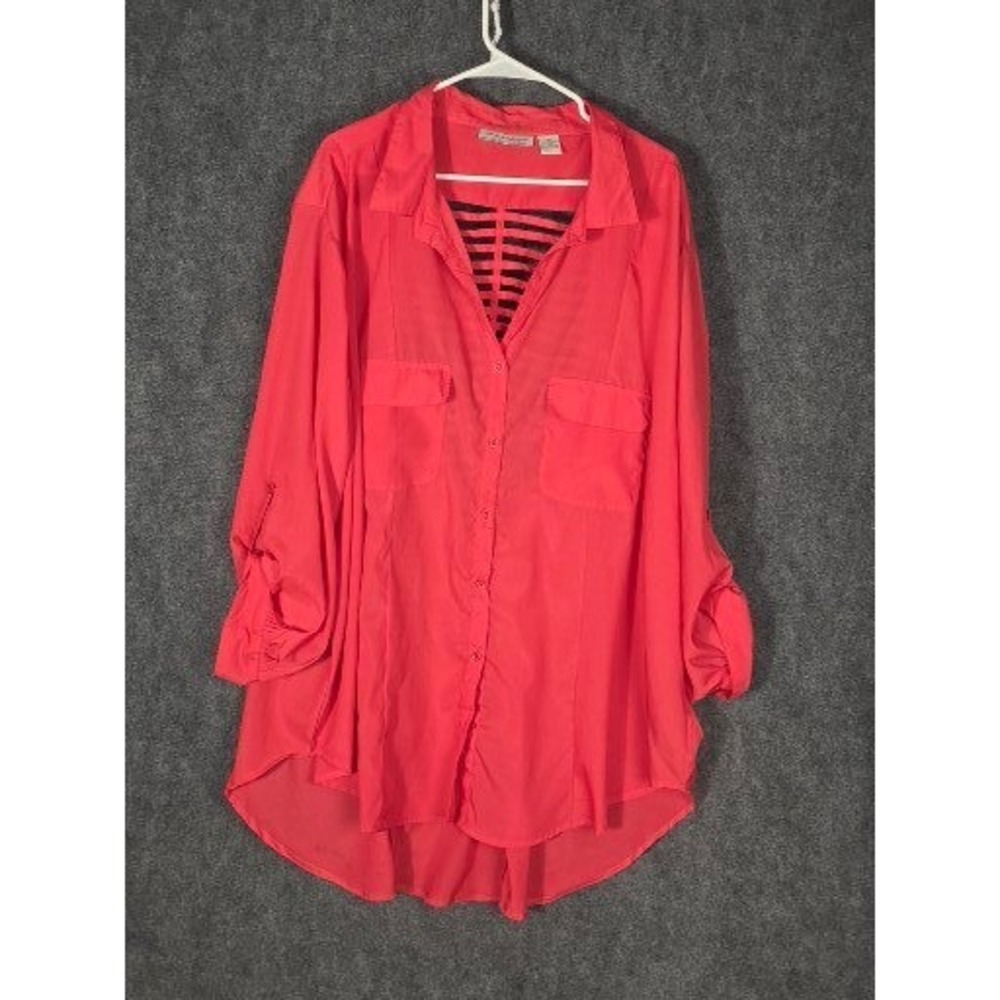 Junie Nicole Collection Coral Red Cutout Back Long Sleeve Button Up Shirt Sz XXL